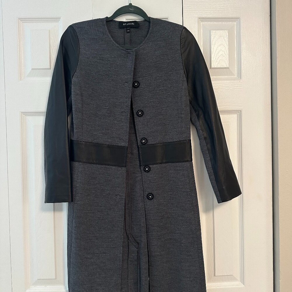 St. John Collection Mixed-Media Santana Knit Leather Trim Coat